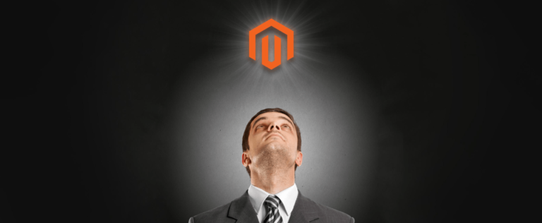 man looking at magento logo