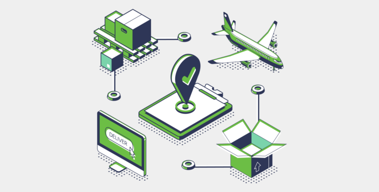 The international shipping process is represented by an airplane, boxes, a computer, and a shipping palette with a destination in the center.